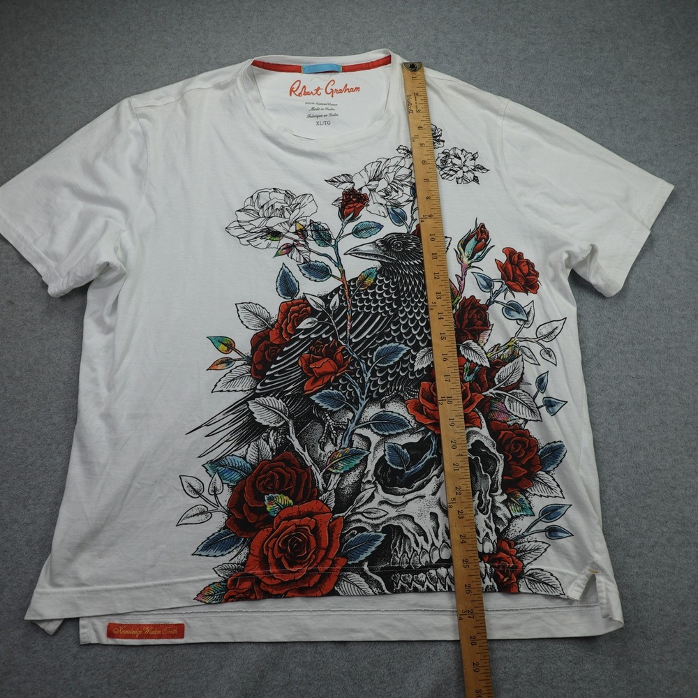 Robert Graham Shirt Mens XL White Gothic Graphic Skull Crow Roses Tee - Picture 8 of 14